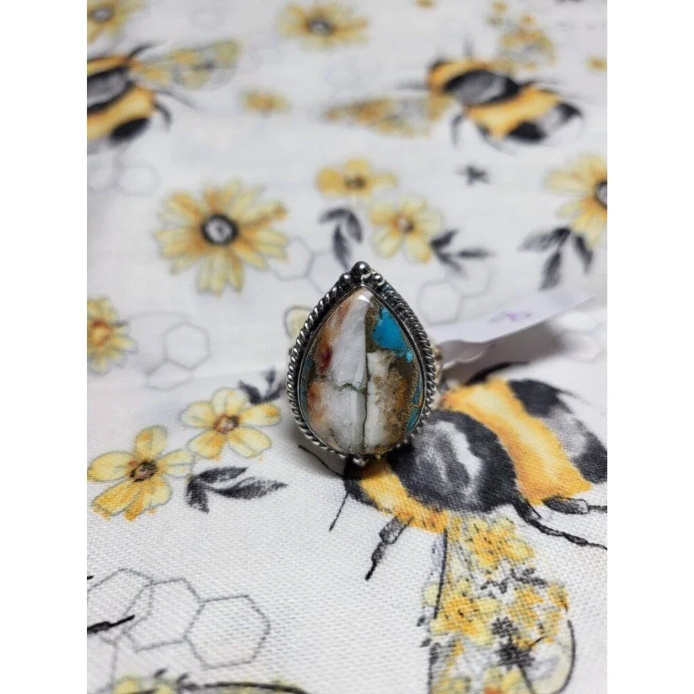Sterling Silver Spiny Oyster Copper Turquoise Teardrop Ring